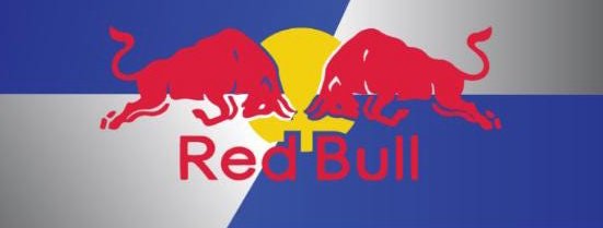 Red Bull vending machine label design, blue and silver with the two red bulls.