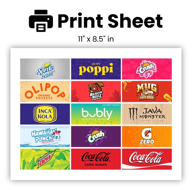 Close-up of printed drink labels from the 100-pack.