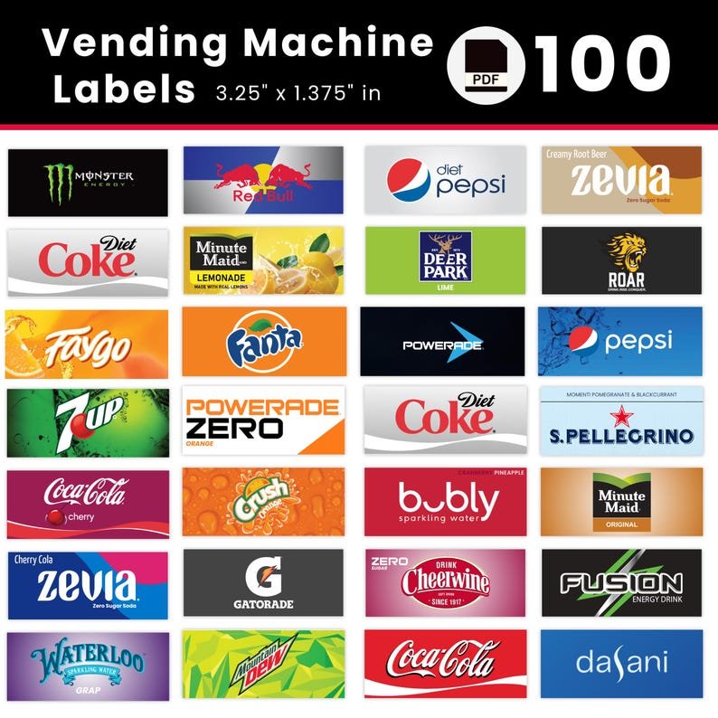 Sheet of 100 printable soda and drink vending machine labels.