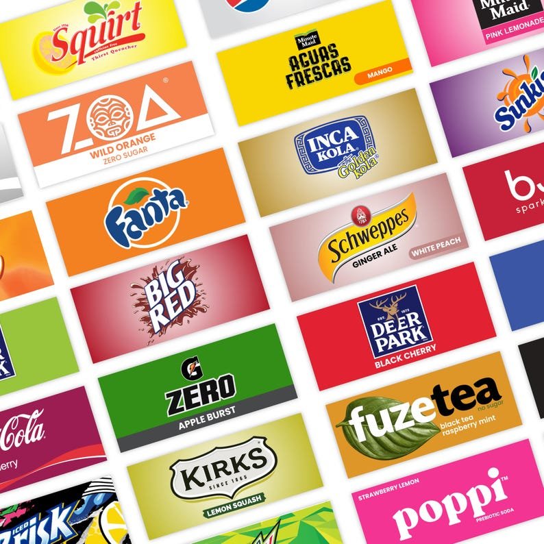 Close-up of drink labels from the 350-pack including Squirt, ZOA, Fanta and Schweppes.
