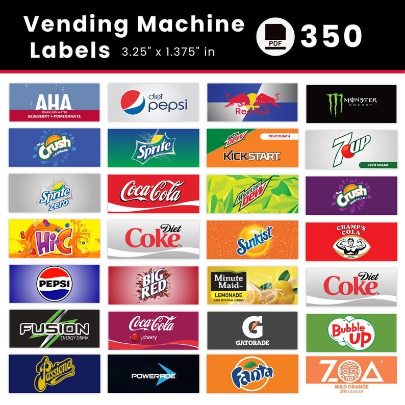 Sheet of 350 printable soda and drink vending machine labels.