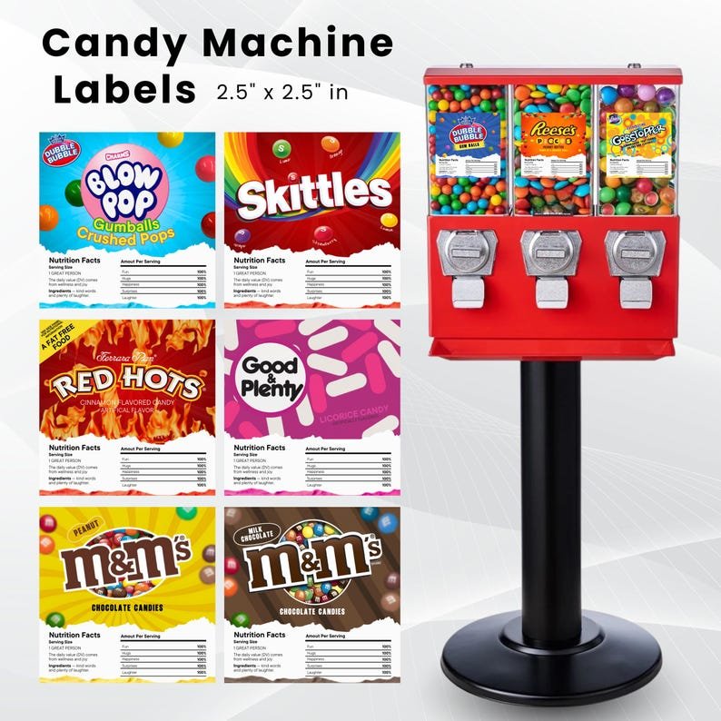 Candy labels shown beside a triple-head candy vending machine.