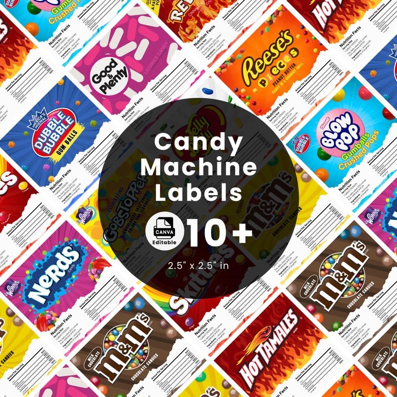 Close-up of printed candy machine labels.