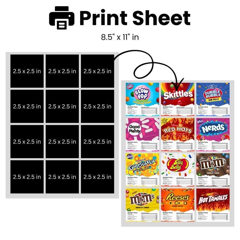 Print sheet layout with twelve 2.5 by 2.5 inch candy labels on an 8.5 by 11 inch page.