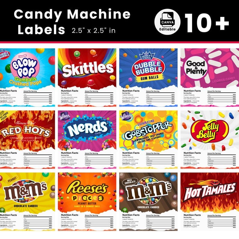 Sheet of 10-plus printable candy vending machine labels with nutrition panels and prices.