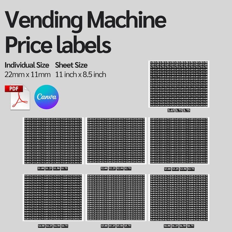 Vending machine price tag sheets grouped by price range.