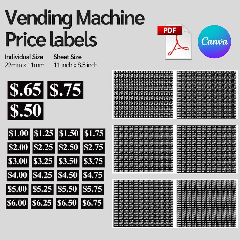Printable sheet of vending machine price tags from 50 cents to 6 dollars 75.