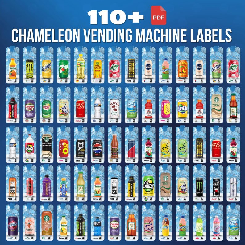 Sheet of 110+ die-cut Royal Vendors Chameleon-style vending machine labels.