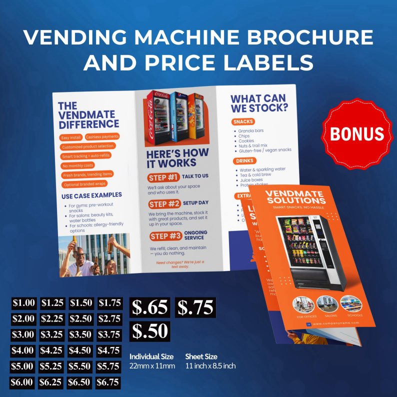 Bonus vending machine brochure and price label sheet included with this pack.