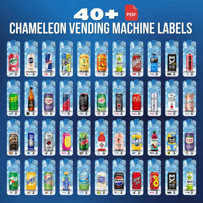 Sheet of 40+ die-cut Royal Vendors Chameleon-style vending machine labels.