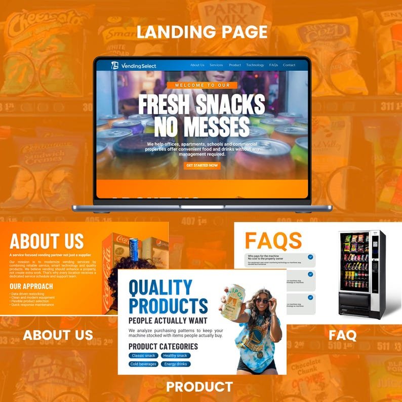 Vending machine business website template locations-served section.