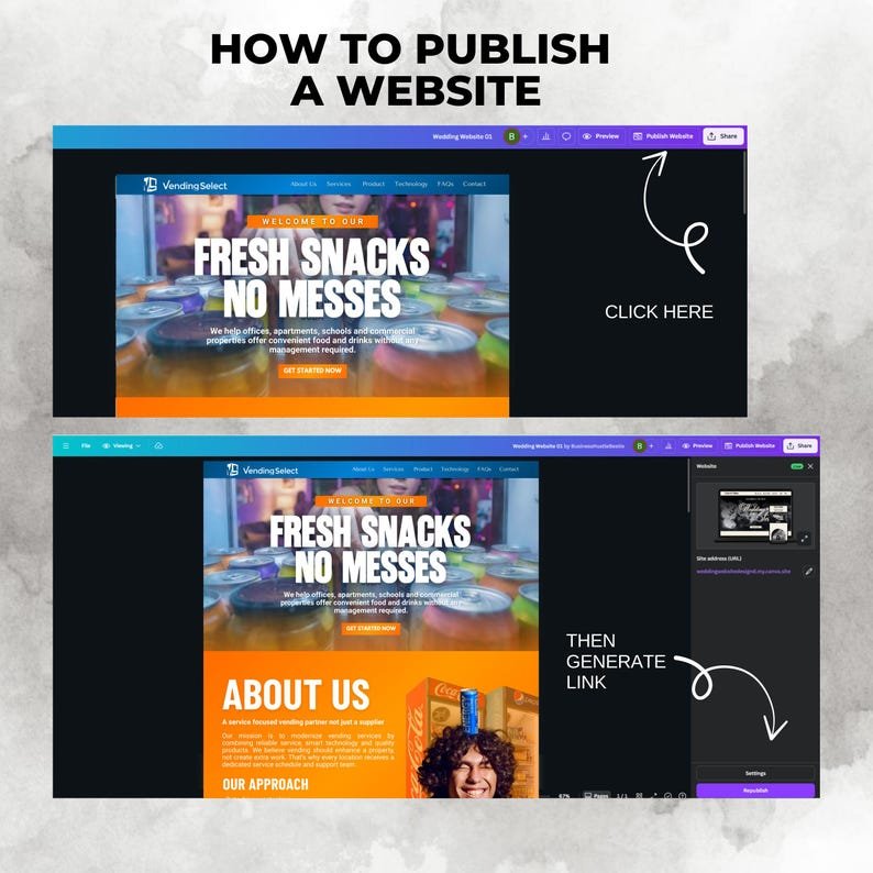 Vending machine business website template shown on a mobile screen.