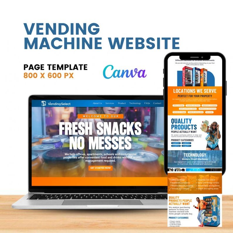Vending machine business website Canva template shown on a laptop and phone.