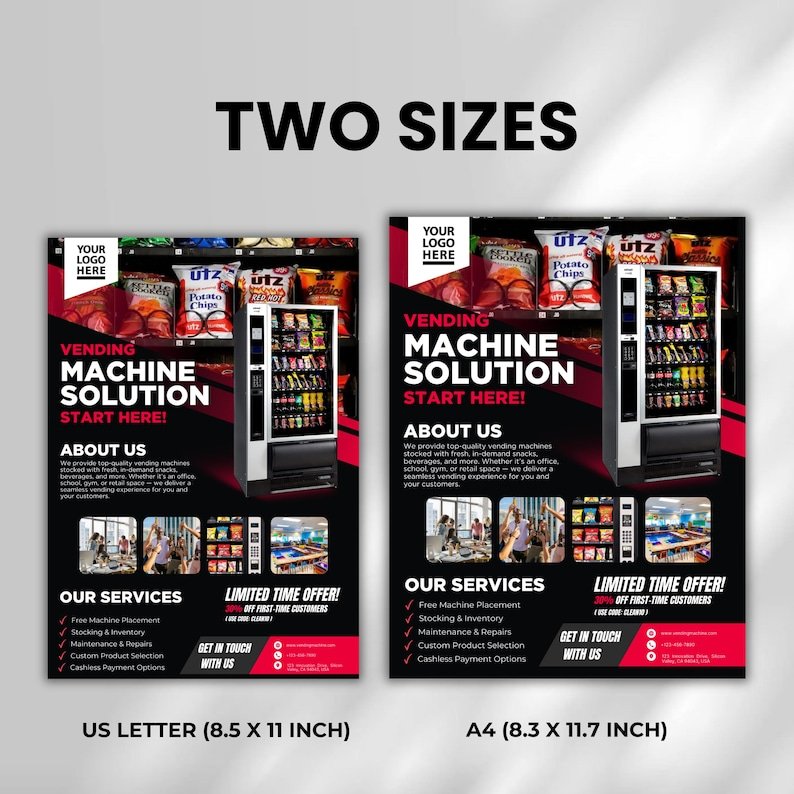 Vending machine flyer shown in both US Letter and A4 sizes.