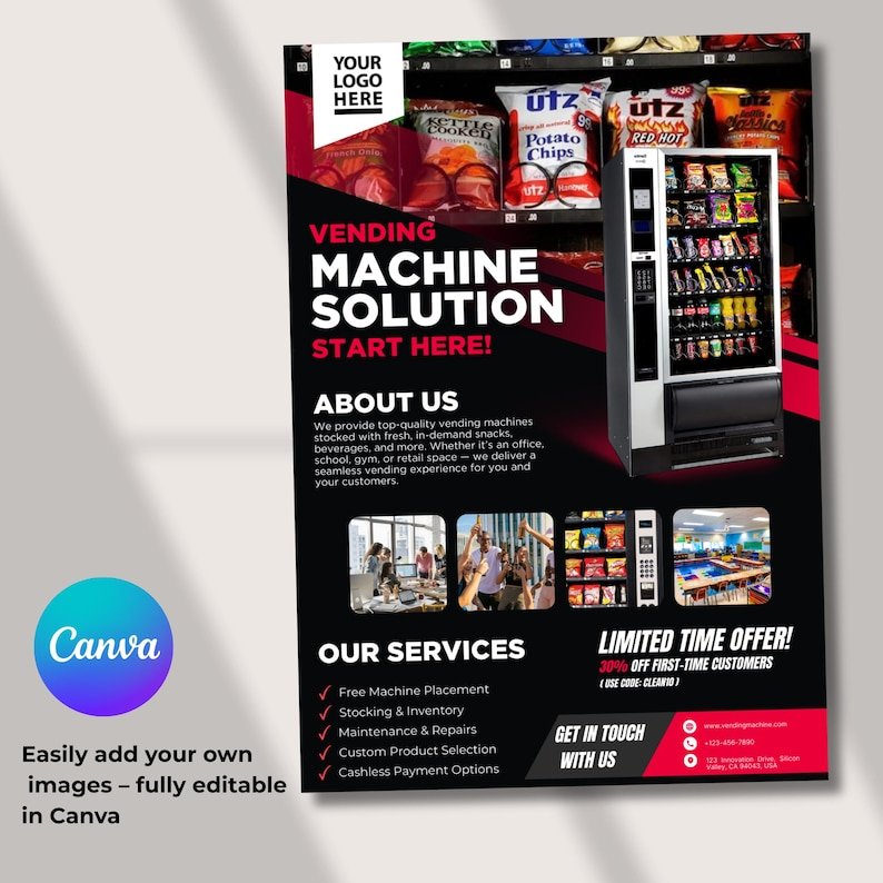 Vending machine flyer editable in Canva.