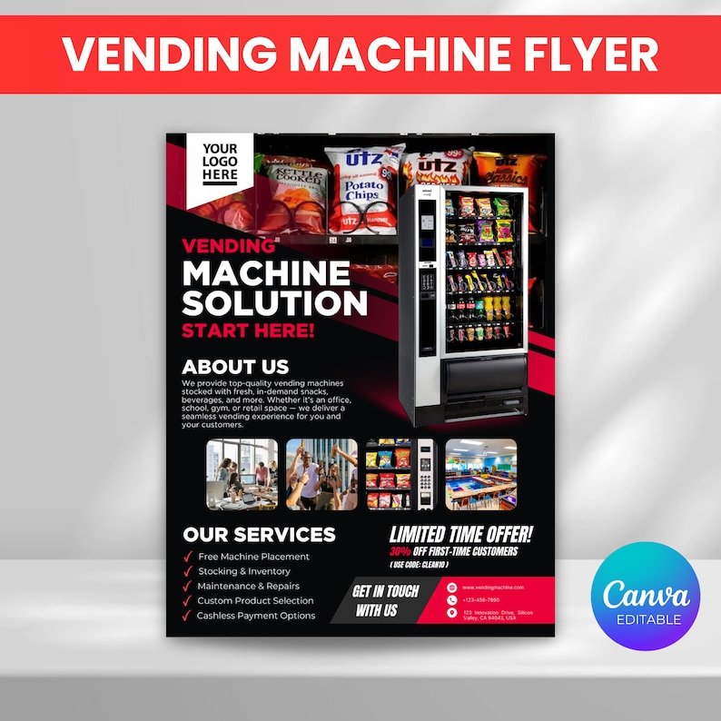 Vending machine business flyer template with logo placeholder, services checklist and contact info.