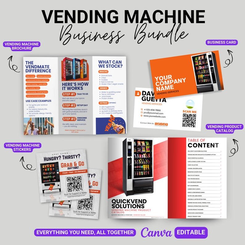 Vending machine business marketing bundle — brochure, catalog, business card and machine stickers.