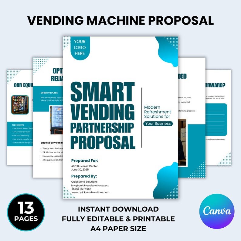 Vending machine placement proposal — a 13-page editable pitch document for property managers.